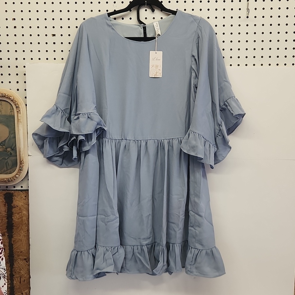 L Love dusty blue ruffle dress NWT